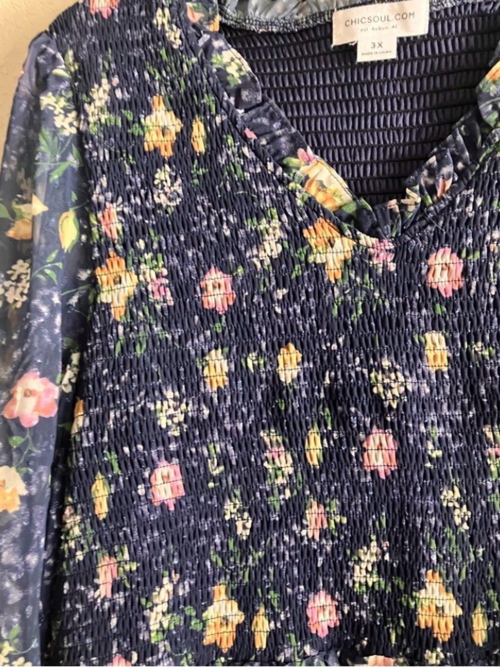 Chic Soul Midnight Train to Georgia Navy Floral Dress 3X Plus Smocked USA Made - Picture 5 of 8